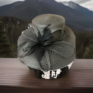 Giovannio Black Formal Church Hat Wide Brim Ribbon Floral Derby Tulle Bucket